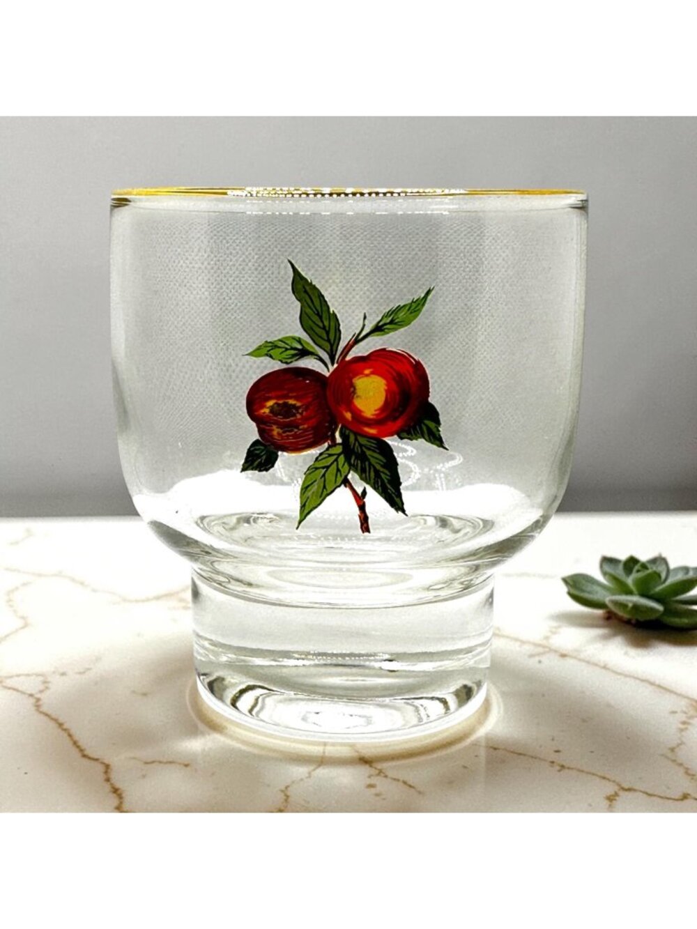 Vintage West Virginia Glass Heavy-Bottomed Lowball Glass Peach Design Hand-Paint